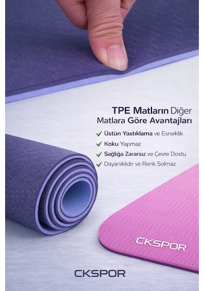 CKSpor Profesyonel Tpe Yoga Matı 6 Mm Kaymaz Taban Çift Katmanlı Spor Matı Pembe