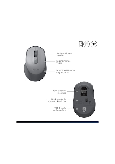Philips SPK7448 Kablosuz Bluetooth 1600 DPI 4 Tuşlu Optik Mouse