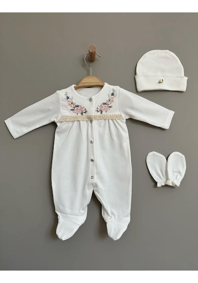 Buse&Eylül Bebe Çiçek Nakışlı Kroşetalı 3 Parça Kız Bebek Tulum-Ekru
