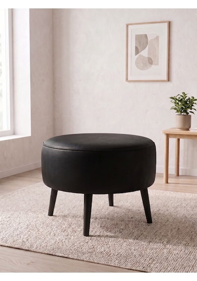 Modern Siyah Deri Puf Yuvarlak Oturma Pufu Ahşap Siyah Ayaklı Demonte 60x46 Cm