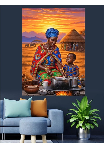 Ahşap Tablo Afrikalı Kadın Yemek Yapıyor