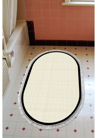 Kaymaz Taban Djt Banyo Mutfak Salon Halı Trend Saçaklı Oval Dokuma Desen E5007 Açık Krem