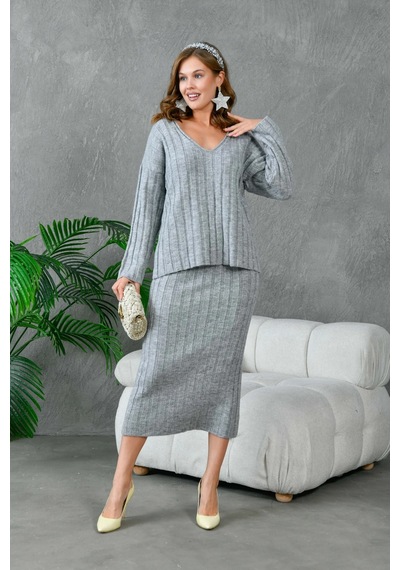 Park Karon Kadın V Yaka Fitilli Kazak Etek İkili Triko Takım Gri