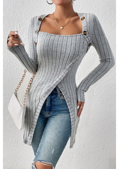 Moda Dua Kadın Gri Düğme Detaylı Kare Yaka Fitilli Asimetrik Etekli Uzun Kollu Bluz