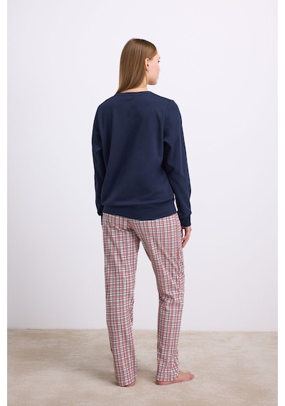 Man11585-1020 Anil Ev Giyim Anıl Kadın Uzun Kol Sweatshirt Ve Ekose Pantolon Pijama Takımı Rahat Ve Şık Ev Giyimi 11585 Lacivert