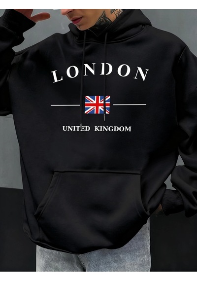 Startmore Tarzsokak Londra Birleşik Krallık Bayrağı Baskılı Kapüşonlular Erkekler Moda Sonbahar Hoody Rahat Polar Siyah