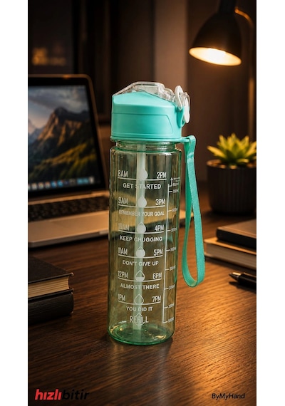 Bymyhand Yeşil Taşıma Kulplu Kilit Kapaklı Pipetli Suluk Okul Matarası Motivasyon Matarası 800 Ml
