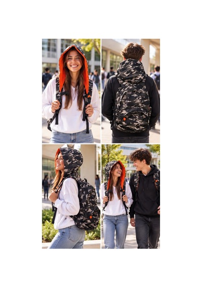 Unisex Su Geçirmez Kamuflaj Neon Turuncu Çıkarılabilir Kapüşonlu Sırt Çantası Çok Renkli