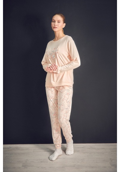 Fullamoda Tavşan Nakışlı Bisiklet Yaka 2 Li Pijama Takımı 24mıcg631216873-somon SOMON