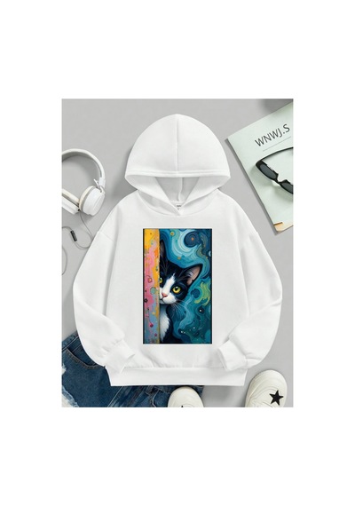 Stil X Sevimli Kediler Baskılı Kapüşonlu Çocuk Sweatshırt Beyaz-4