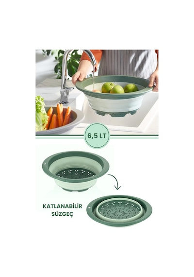 Katlanabilir Yuvarlak Süzgeç 6,5 Litre Yeşil