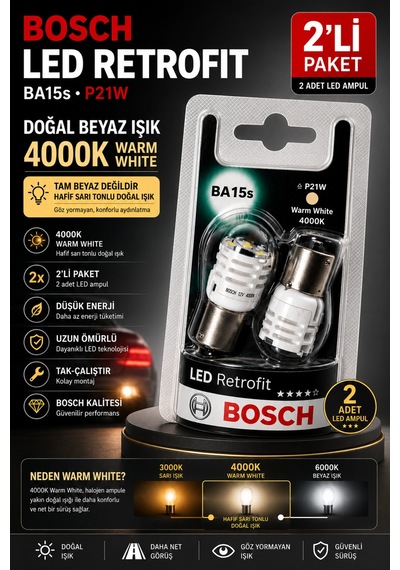 P21w 4000k Warm White Led Retrofit Ba15s 12v Doğal Beyaz Işık Led Ampul 2'li Paket