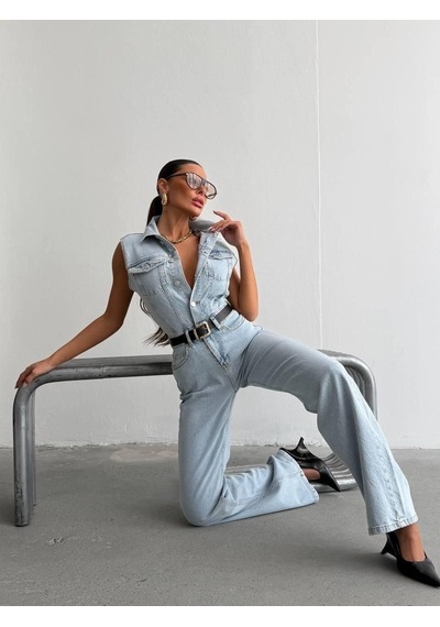 Herton Kadın Kolsuz Yüksek Bel Geniş Paça Denim Tulum