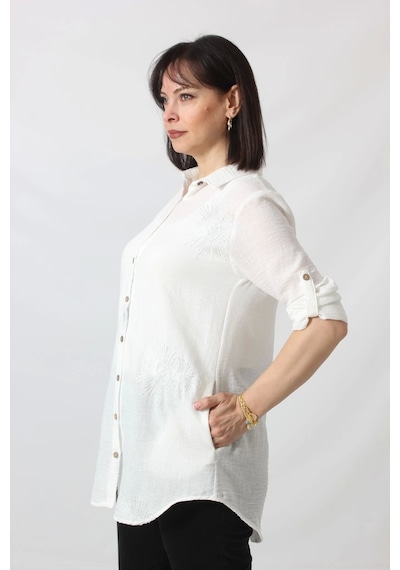 Moda Berray Bb-092 Beyaz Gümüş Yaldızlı Güneş Desenli Kolu Apoletli Yandan Cepli Tunik Gömlek Kadın Büyük Beden Beyaz