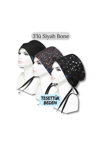 Tesettür Beden 3'lü Siyah Bone Siyah Tek Renk Siyah Çıtır Siyah Takım Yıldızı Cerrahi Bone Renkli