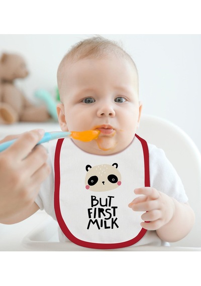 BK Kids But First Milk Tasarımlı Kırmızı Bebek Mama Önlüğü-1 Kırmızı
