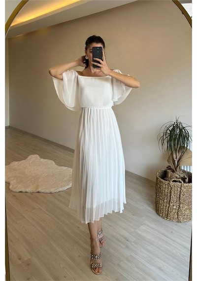 Neşeli Butik Kadın Omzu Açık Piliseli Midi Şifon Elbise Nm006 Beyaz