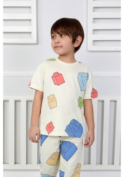 Erkek Çocuk %100 Pamuk Baskılı Pijama Takımı Kısa Kollu, Sevimli Desenler Sarı