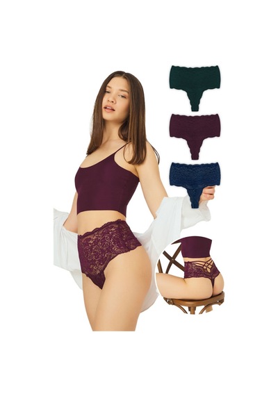 Cottonhill Dantelli Lastik Detaylı Yüksek Bel Kadın Tanga 3'lü Paket Külot - 2 Renkli1 Çok Renkli