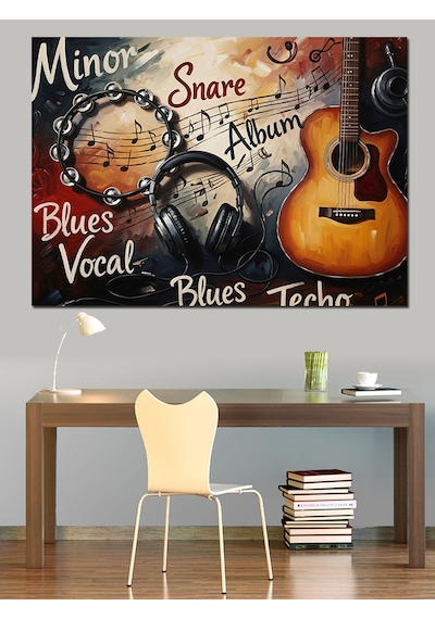 Müzik Notları Ve Klasik Gitar Dekoratif Kanvas - Mdf Ahşap Tablo