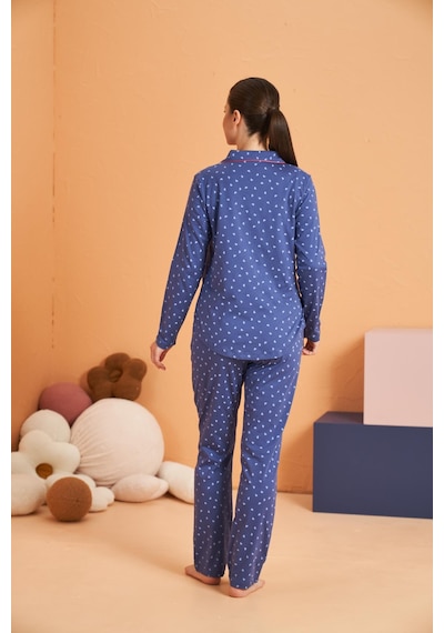 Pjs Kadın Anne-kız Kalpli Önden Düğmeli Gömlek Yaka Uzun Kollu Pijama Takım mavi