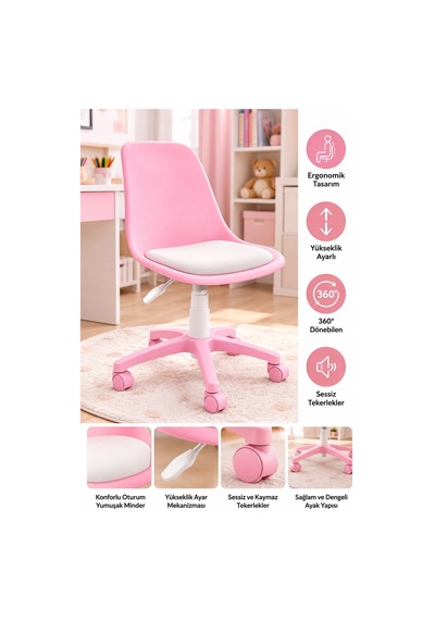 Pembe Ergonomik Çalışma Sandalyesi Yükseklik Ayarlı, 360 Döner, Minderli Ve Tekerlekli Çocuk Genç Odası Sandalyesi Pembe - Beyaz