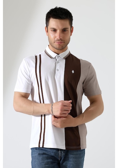 Rıbana Classıc Erkek Çizgili Şerit Detaylı Pamuklu Polo Yaka T-shirt Beyaz