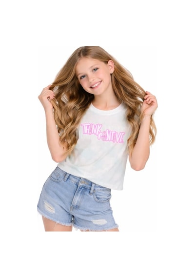 Irem Kız Çocuk Think Positive Yazılı Taş Detaylı Batik Desen Kısa Crop Tişört Çok Renkli Irem Kız Çocuk Think Positive Yazılı Taş Detaylı Batik Desen Kısa Crop Tişört Çok Renkli