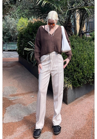 Madmext Bej Beli Ayarlanabilir Geniş Paça Pantolon Mg2215 Bej