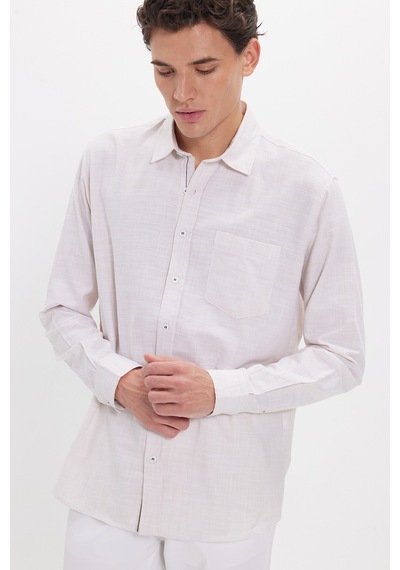 Tudors Erkek Regular Fit Klasik Kesim Oversize %100 Pamuk Keten Doku Bej Gömlek-42663