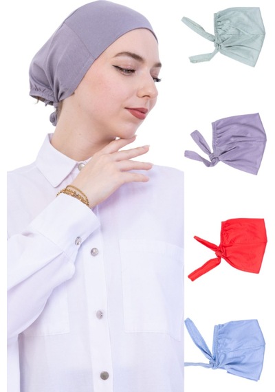 Modish Group Kadın Tesettür Bone Bağcıklı Dikişsiz Penye 4 Parça Set Gri, Açık Mavi, Açık Yeşil, Pembe