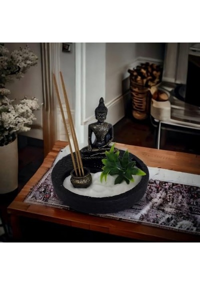 T. Concept Dekoratif Mini Zen Bahçesi, Buda Heykeli, Zen Felsefesi Ev Ofis Dekorasyonu Siyah Yuvarlak Metal Diğer