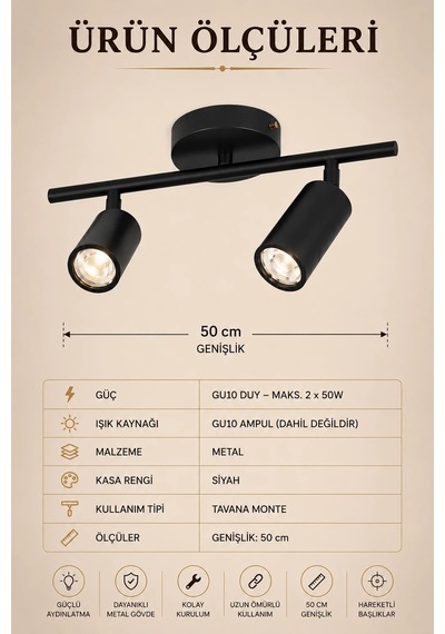 2'li Siyah Modern Şık Hareketli Ray Spot Aydınlatma Armatürü Başlıklı Tavan Spotu 50 Cm Mat Siyah