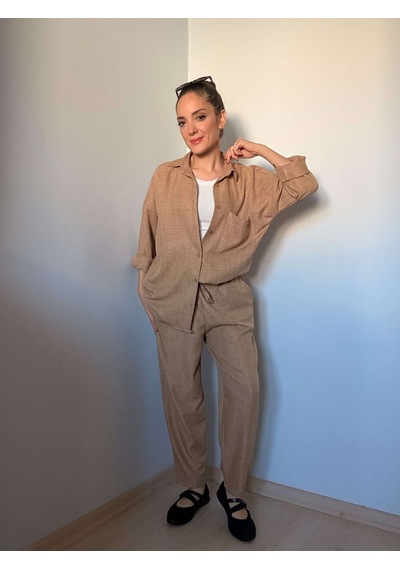 Ali Butik Kahverengi Keten Gömlek Pantolon Takım Kahve