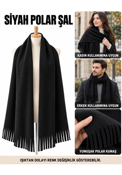 Bigohobi Unisex Polar Şal, Kadın Ve Erkek Kışlık Püsküllü Yumuşak Polar Kumaş Şal Siyah