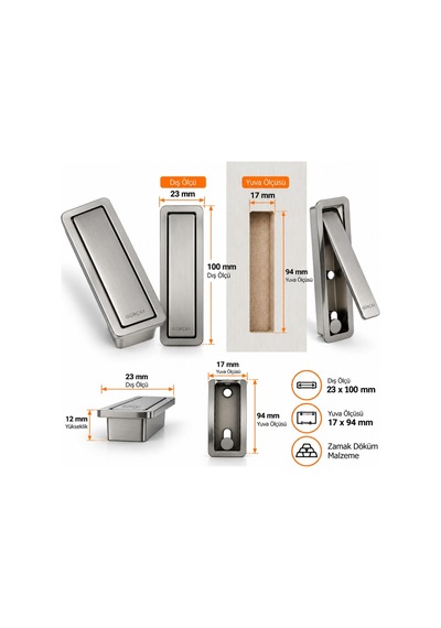 Basmalı Kapaklı Gömme Kulp 32mm İnoks Inoks