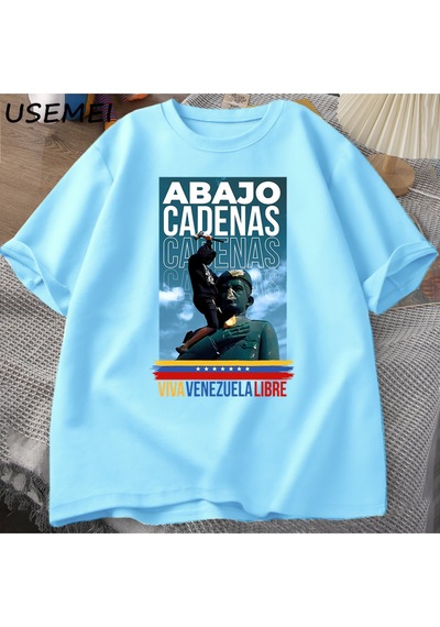 Flood Of Style Venezuela Abajo Cadenas T-shirt Erkek Kadın Baskılı Tişörtleri Unisex Yuvarlak Boyun Pamuk T Mavi