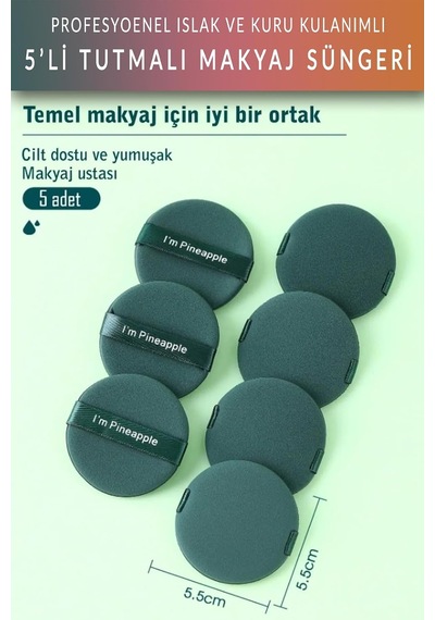 5'li Tutmalı Makyaj Pudra Süngeri, Yuvarlak, Islak Ve Kuru Kullanımlı, 5x5 Cm, Yeşil Kahve Sarı Pembe Çok Renkli