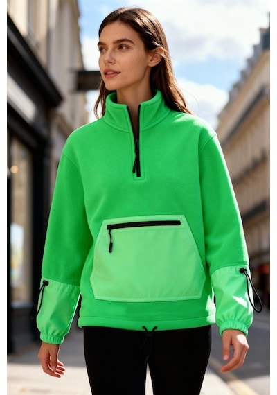 Tommy Life Neon Yeşil Etek Ucu Büzgülü Yarım Fermuarlı Oversize Kadın Polar Sweatshirt - 97238 Neon Yeşil