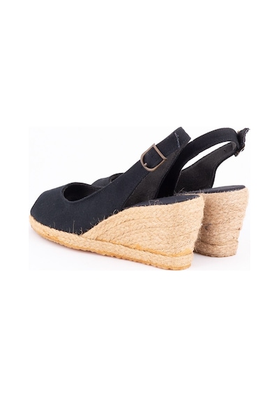 Star Tombis Gerçek Elişi Burnu Açık Arkası Bantlı Dolgu Topuk Siyah Keten Hasır Espadril Handmade Siyah