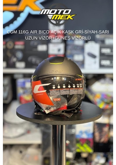 Motomek Cgm 116g Aır Bıco - Açık Kask Gri-siyah-sarı Uzun Vizör+güneş Vizörlü
