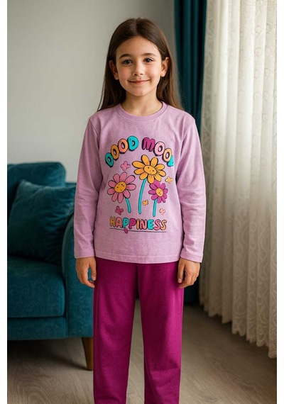 Kız Çocuk Pijama Takımı %100 Pamuk Çok Renkli