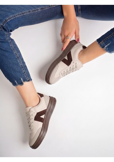 Kadın Sneaker Yüksek Taban Ortopedik Bağcıklı Spor Ayakkabı Retro Bej-011