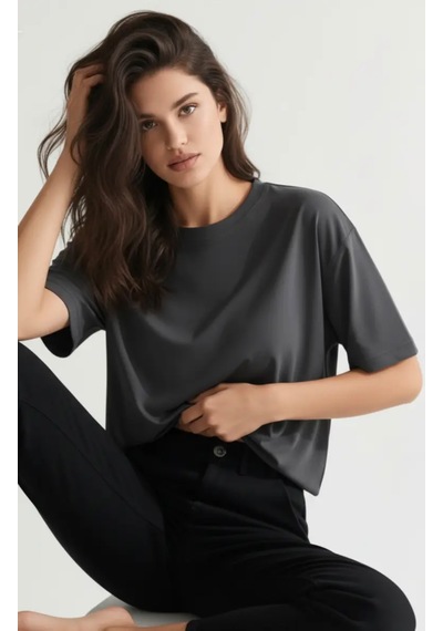 Enva Store Kadın Oversize Fit Yuvarlak Yaka Modal Basic T-shirt Tişört Antrasit
