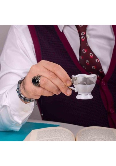 Anı Yüzük Simetrik Motifli Siyah Oniks Taşlı Gümüş Erkek Yüzük