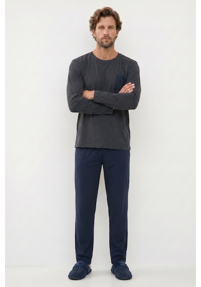Tudors Erkek Standart Fit Rahat Kesim Uzun Kollu Pamuklu Gri Lacivert Pijama Takımı-51177