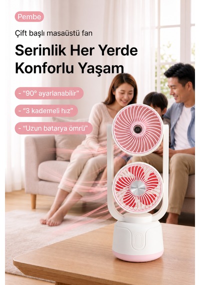 Şarjlı Çift Su Püskürtmeli 3 Kademeli Ayarlanabilir Masaüstü Fan Pembe