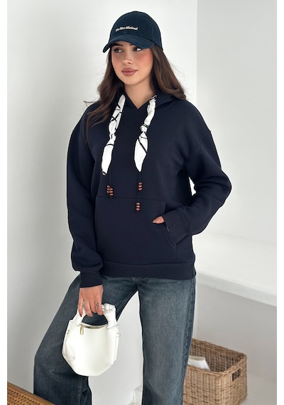 Noa & Noa Kadın Fular Detaylı Kapüşonlu Sweatshirt Casual Charm Lacivert