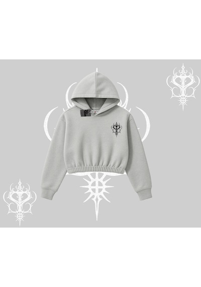 Modern Kedi Temalı Arka Baskılı Kapşonlu Crop Sweatshirt Gri