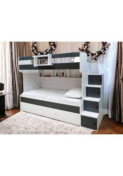 Sardunya Mdf Yavrulu Seyyar Merdivenli Ranza Antrasit Beyaz M1 90 x 190 CM